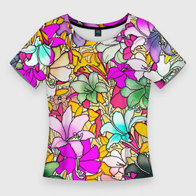 Женская футболка 3D Slim с принтом COLORED LILIES ,  |  | Тематика изображения на принте: beautiful | blue | bouquet | color | colorful | flora | floral | flowering | green | lily | patt | petal | plant | summer | white | yellow | белый | букет | желтый | зеленый | красивый | красочный | лепесток | лето | лилия | растение | синий | узор | флор