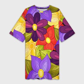 Платье-футболка 3D с принтом MULTICOLORED PANSIES ,  |  | blue | bouquet | flora | floral | flower | nature | pattern | pink | purple | spring | summer | watercolor | yellow | акварельный узор | анютины глазки | букет | весна | желтый | лето | листья | разноцветный | розовый | синий | фиолетовый | флора