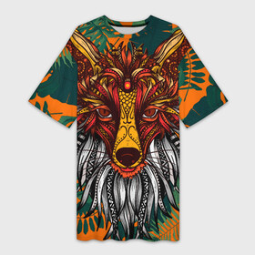 Платье-футболка 3D с принтом Рыжая Лиса африканский узор  Разноцветная лисичка ,  |  | afrika | cute | fox | mandala | pattern | арт с лисой | африка | зверь | лис | лиса арт | лисёнок | лисица | лисонька | милота | много цветов | мордочка лисы | паттерн | рисунок лисы | рыжий | тропики