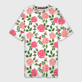 Платье-футболка 3D с принтом SOFT PINK ROSES ,  |  | beautiful | floral | love | pattern | pink | roses | watercolor | акварель | красивый | любовь | розовый | розы | узор | цветочный