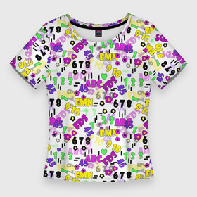 Женская футболка 3D Slim с принтом Разноцветные цифры и алфавит school ,  |  | alphabet | children | school | буквы | детский узор | разноцветный алфавит | светлый фон | цифры | школьный узор