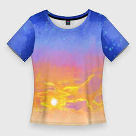 Женская футболка 3D Slim с принтом Закатное небо и звезды ,  |  | sky | stars | sundown | sunset | градиент | желтый | закат | звезды | небесный | небо | облака | оранжевый | пейзаж | синий | солнце | фиолетовый