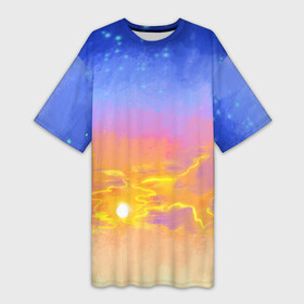 Платье-футболка 3D с принтом Закатное небо и звезды ,  |  | sky | stars | sundown | sunset | градиент | желтый | закат | звезды | небесный | небо | облака | оранжевый | пейзаж | синий | солнце | фиолетовый