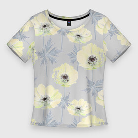 Женская футболка 3D Slim с принтом Желтые анемоны на сером ,  |  | anemones | floral | flowers | light gray | pa | retro | summer | yellow | yellow anemones | yellow flowers | анемоны | желтые | желтые анемоны | желтые цветы | лето | нежный | пастель | ретро | светло серый | светлый | серый и желтый | цветочный