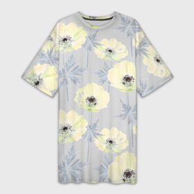 Платье-футболка 3D с принтом Желтые анемоны на сером ,  |  | anemones | floral | flowers | light gray | pa | retro | summer | yellow | yellow anemones | yellow flowers | анемоны | желтые | желтые анемоны | желтые цветы | лето | нежный | пастель | ретро | светло серый | светлый | серый и желтый | цветочный