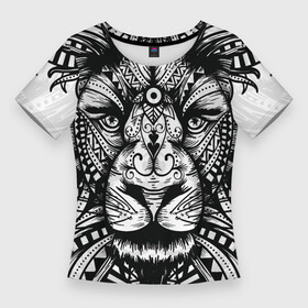 Женская футболка 3D Slim с принтом Черно белый Африканский Лев  Black and White Lion ,  |  | africa | afrika | all over | lion | lions | mandala | pattern | африка | африканский узор | большой лев | дикая природа | король зверей | лицо льва | львёнок | львиная | львица | львы | огромный лев | паттерн | рыжий лев