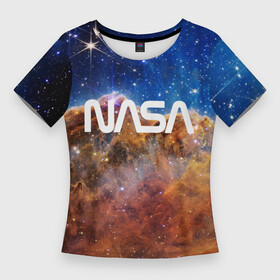 Женская футболка 3D Slim с принтом Лого NASA и Туманность Киля ,  |  | james webb telescope | nasa | space | universe | вселенная | зведы | звездное небо | космос | наса | телескоп джеймс уэбб | туманность киля | туманность киля джеймс уэбб | туманность киля наса | фото вселенная