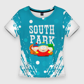 Женская футболка 3D Slim с принтом Южный Парк  на голубом фоне ,  |  | south park | sp | батерс | баттерс | гарисон | енот | кайл брофловски | картман | кеннет | кенни | маки | макки | маккормик | марш | мистер | мистереон | мультфильм | полотенчик | ренди | саус парк | сауспарк