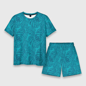 Мужской костюм с шортами 3D с принтом Синие листья монстеры на голубом ,  |  | blue | blue leaves | botanical | hawaii | jungle | leaves | light blue | monochrome | monstera | palm | tropical | ботанический | гавайи | джунгли | листья | монохромный | монстера | пальма | синие листья | синий | тропический
