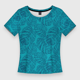 Женская футболка 3D Slim с принтом Синие листья монстеры на голубом ,  |  | blue | blue leaves | botanical | hawaii | jungle | leaves | light blue | monochrome | monstera | palm | tropical | ботанический | гавайи | джунгли | листья | монохромный | монстера | пальма | синие листья | синий | тропический