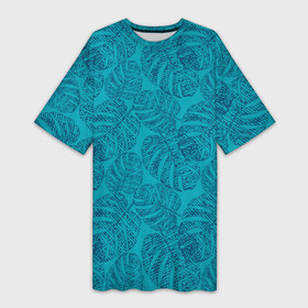 Платье-футболка 3D с принтом Синие листья монстеры на голубом ,  |  | blue | blue leaves | botanical | hawaii | jungle | leaves | light blue | monochrome | monstera | palm | tropical | ботанический | гавайи | джунгли | листья | монохромный | монстера | пальма | синие листья | синий | тропический