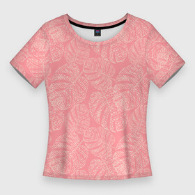 Женская футболка 3D Slim с принтом Бежевые листья монстеры на розовом ,  |  | beige | botanical | hawaii | jungle | leaves | light pink | monochrome | monstera | palm | pink | tropical | бежевый | ботанический | гавайи | джунгли | листья | монохромный | монстера | пальма | розовый | светло розовый | тропический