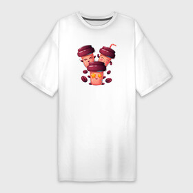Платье-футболка хлопок с принтом Веселые стаканчики кофе ,  |  | coffee | кофе | кофейный | стакан | стаканчики