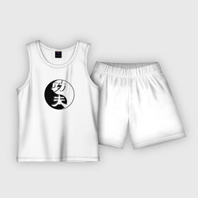 Детская пижама с шортами хлопок с принтом Кунг фу логотип на фоне знака ИНЬ ЯНЬ ,  |  | Тематика изображения на принте: kung fu | боевое исскуство | знак | инь янь | китайские иероглифы | кунг фу | кунгфу | чернобелое