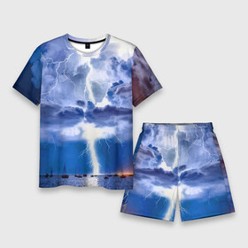 Мужской костюм с шортами 3D с принтом Разряд молнии над океаном ,  |  | Тематика изображения на принте: element | lightning | nature | ocean | storm | storm cloud | yacht | гроза | молния | океан | природа | стихия | туча | яхта