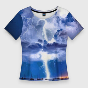 Женская футболка 3D Slim с принтом Разряд молнии над океаном ,  |  | element | lightning | nature | ocean | storm | storm cloud | yacht | гроза | молния | океан | природа | стихия | туча | яхта