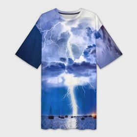 Платье-футболка 3D с принтом Разряд молнии над океаном ,  |  | element | lightning | nature | ocean | storm | storm cloud | yacht | гроза | молния | океан | природа | стихия | туча | яхта