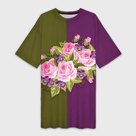Платье-футболка 3D с принтом Нежные Розы на темном фоне ,  |  | flowers | девушке | розовые розы | розы | цветы