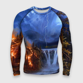 Мужской рашгард 3D с принтом Огонь, гроза и вода ,  |  | element | fire | flame | forest | lake | landscape | lightning | moon | mountain | nature | storm | storm cloud | tree | water | вода | водопад | гора | дерево | лес | луна | молния | озеро | пейзаж | пожар | природа | стихия | туча