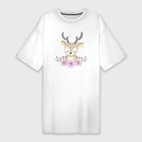 Платье-футболка хлопок с принтом Милый Оленёнок С Цветочками ,  |  | animals | beast | cute | flowers | nature | животные | звери | лужайка | милый | оленёнок | олень | природа | цветы