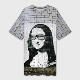 Платье-футболка 3D с принтом Джоконда на стене в стиле граффити ,  |  | art | gioconda | graffiti | leonardo da vinci | mona lisa | vanguard | wall | авангард | граффити | джоконда | искусство | леонардо да винчи | мона лиза | очки | стена