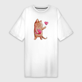 Платье-футболка хлопок с принтом Рыжий котик дарит свою любовь ,  |  | кот | котик | кошка | любовь | сердечко | сердце