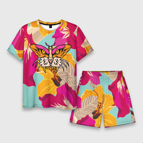 Мужской костюм с шортами 3D с принтом Цветы, бабочка и морда тигра ,  |  | butterfly | fangs | flowers | illusion | jaw | tiger | бабочка | иллюзия | клыки | пасть | тигр | цветы