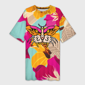 Платье-футболка 3D с принтом Цветы, бабочка и морда тигра ,  |  | butterfly | fangs | flowers | illusion | jaw | tiger | бабочка | иллюзия | клыки | пасть | тигр | цветы