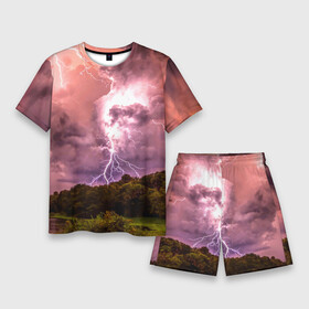 Мужской костюм с шортами 3D с принтом Грозовые разряды молний над лесным озером ,  |  | forest | lake | lightning | nature | storm | storm cloud | гроза | лес | молния | озеро | природа | туча