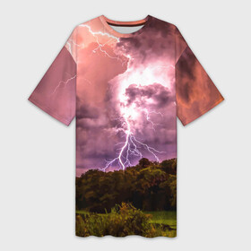 Платье-футболка 3D с принтом Грозовые разряды молний над лесным озером ,  |  | forest | lake | lightning | nature | storm | storm cloud | гроза | лес | молния | озеро | природа | туча