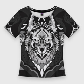 Женская футболка 3D Slim с принтом Черно белый волк ,  |  | волк | голова волка | монохром | узор | хищник | черно белое