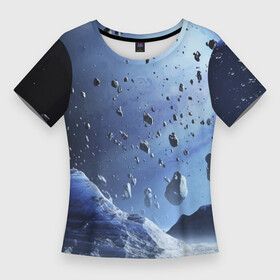 Женская футболка 3D Slim с принтом Космический пейзаж с ледяными скалами ,  |  | ice | planet | rock | space | stones | камни | космос | лёд | планета | скала