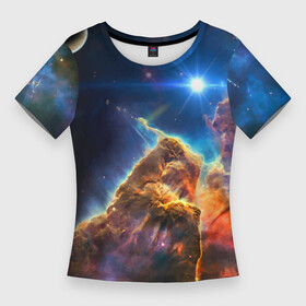 Женская футболка 3D Slim с принтом Бесконечное космическое пространство ,  |  | cosmos | neon | planet | space | star | звезда | космос | неон | планета | пространство