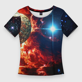 Женская футболка 3D Slim с принтом Яркая звезда в космическом пространстве ,  |  | cosmos | neon | planet | space | star | космос | неон | облако | планета | пространство