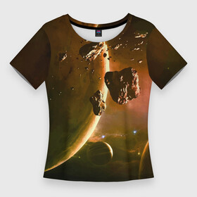 Женская футболка 3D Slim с принтом Две планеты в космическом пространстве ,  |  | cosmos | meteorite | planet | space | звезда | космос | метеорит | планета | пространство