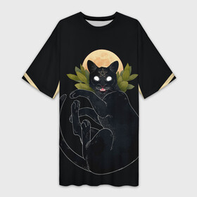 Платье-футболка 3D с принтом Кот в ночи ,  |  | звезда | кот | кот в ночи | луна | пентаграмма | рисунок