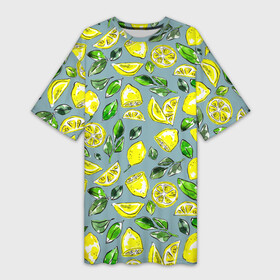 Платье-футболка 3D с принтом Порезанные лимоны  паттерн ,  |  | greensoul | lemon | lemons | yellow lemons | желтые лимоны | желтые фрукты | желтый лимон | лимон | лимоны | рисунок лимонов | фрукт | фруктовая иллюстрация