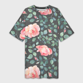 Платье-футболка 3D с принтом Розовые розы на сером фоне Цветы ,  |  | flowers | greensoul | pink roses | rose | roses | ботаника | растительный | роза | розовые розы | розовые цветы | розы | цветочный | цветы