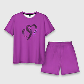 Мужской костюм с шортами 3D с принтом Два фиолетовых сердечка на фиолетовом фоне ,  |  | блестящий | валентинка | любовь | неоновый | романтика | сердечко | сердце | фиолетовый