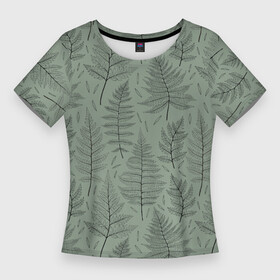 Женская футболка 3D Slim с принтом Листья папоротника на зеленом фоне Минимализм ,  |  | fern | greensoul | leaves | листья | листья папоротника | минимализм | минималистичный | папоротник | растения | растительный