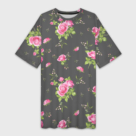Платье-футболка 3D с принтом Розовые розы на сером фоне ,  |  | flowers | greensoul | pink flowers | pink roses | roses | роза | розовые розы | розовые цветы | розы | цветок | цветочный | цветы