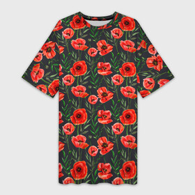 Платье-футболка 3D с принтом Красные маки на черном фоне ,  |  | greensoul | poppies | poppy | red flowers | red poppies | красные маки | красные цветы | красный мак | мак | маки | растительный | цветочный | цветы