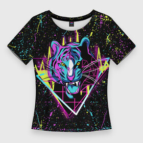 Женская футболка 3D Slim с принтом НЕОНОВЫЙ ТИГР  БРЫЗГИ ,  |  | neon | брызги красок | животные | краски | неон | неоновый | тигр