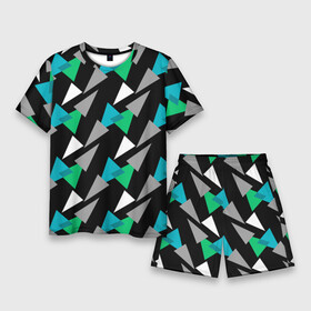 Мужской костюм с шортами 3D с принтом Разноцветные треугольники на черном фоне ,  |  | геометрический узор | зеленый | серый | темный узор | треугольники