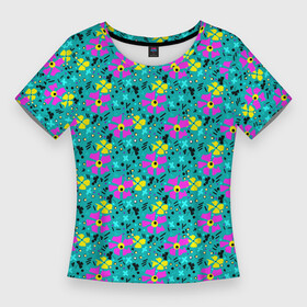 Женская футболка 3D Slim с принтом Яркий цветочный узор на бирюзовом фоне ,  |  | Тематика изображения на принте: бирюзовый | детский принт | летний узор | розовые цветы | цветочный узор | цветы | яркий розовый