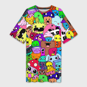 Платье-футболка 3D с принтом Монстрики Nastiprazdnik ,  |  | Тематика изображения на принте: donuts | lollipop | milkshake | worm | динозавр | дудл | капкейк | коала | кот | кролик | лапша | медуза | монстр | мороженка | мультяшки | мухомор | облако | панда | пончик | попкорн | радуга | слоник | суши | червяк