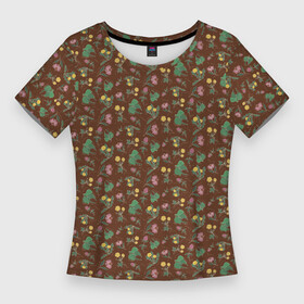 Женская футболка 3D Slim с принтом Цветы невероятной красоты на коричневом фоне ,  |  | flor | floral | flower | herbal | клевер | лето | лютик | одуванчик | подорожник | поле | ромашки | цветочки | цветы