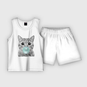 Детская пижама с шортами хлопок с принтом Котик надувающий пузырь из жевачки ,  |  | baloon | cat | ears | eyes | kitten | muzzle | глаза | кот | котёнок | кошка | пузырь | усы | уши