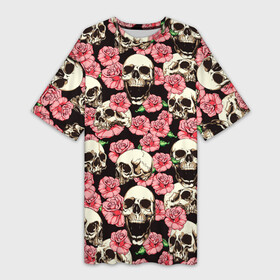 Платье-футболка 3D с принтом Розы с черепами ,  |  | Тематика изображения на принте: паттерн | роза | розы | скелет | текстура | текстуры | хипстер | череп | черепа и розы | черепки