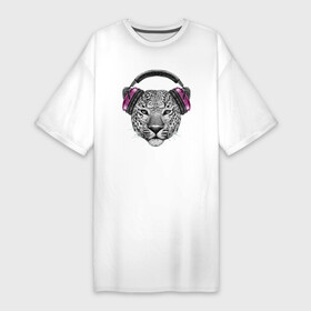 Платье-футболка хлопок с принтом Леопард в наушниках  меломан ,  |  | ears | eyes | headphones | leopard | moustache | musiclover | muzzle | nose | глаза | леопард | меломан | наушники | нос | усы | уши